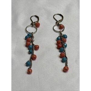 Boho Coral & Turquoise Color Bead Cluster Dangle Earrings - Antique Brass Tone